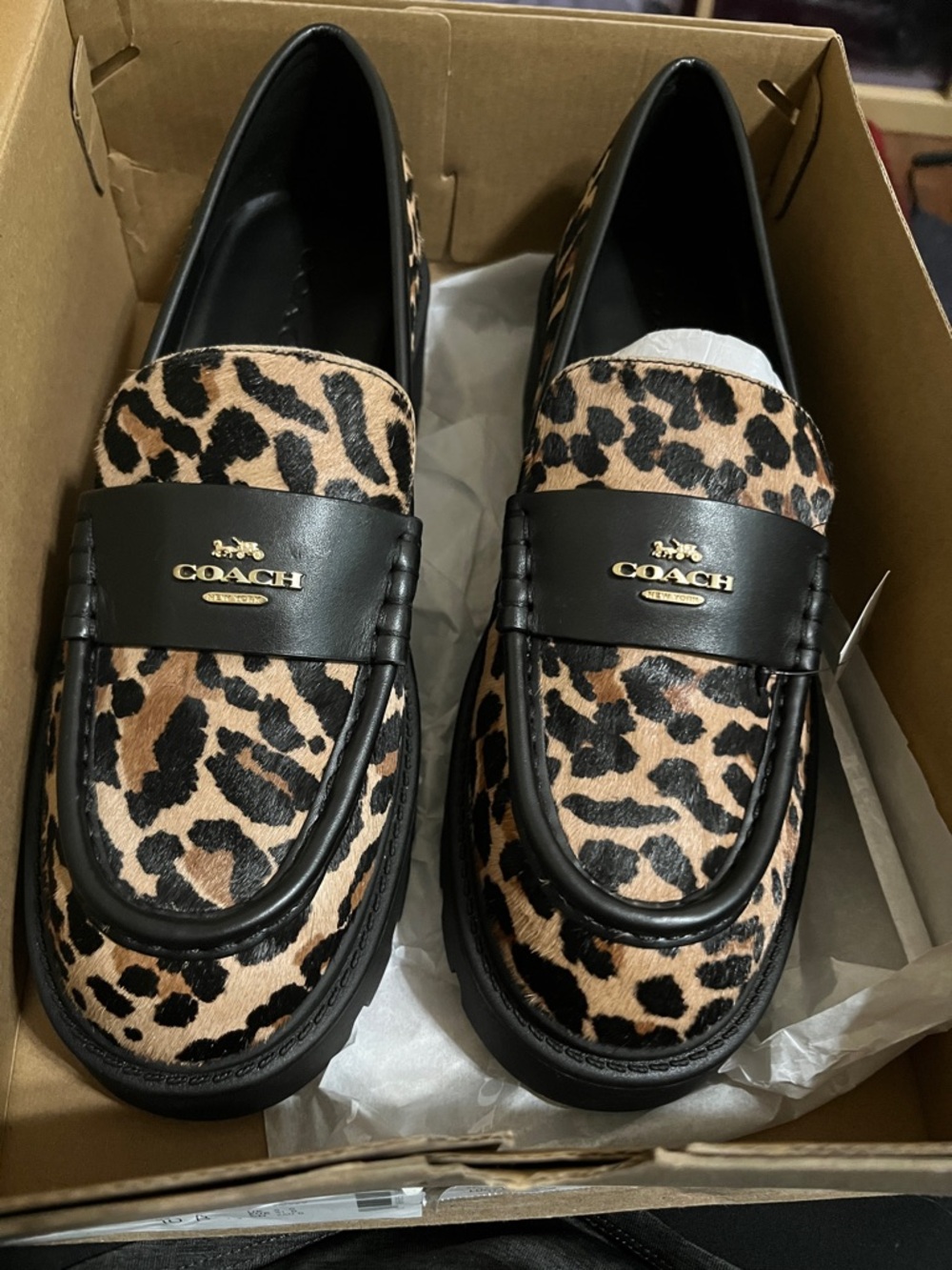 COACH Leopard Print Lucy Leopard Loafers in Black and Tan